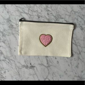 New Boutique Pink Heart Patch Canvas Zip Pouch Makeup Bag Chenille Patch Trendy!